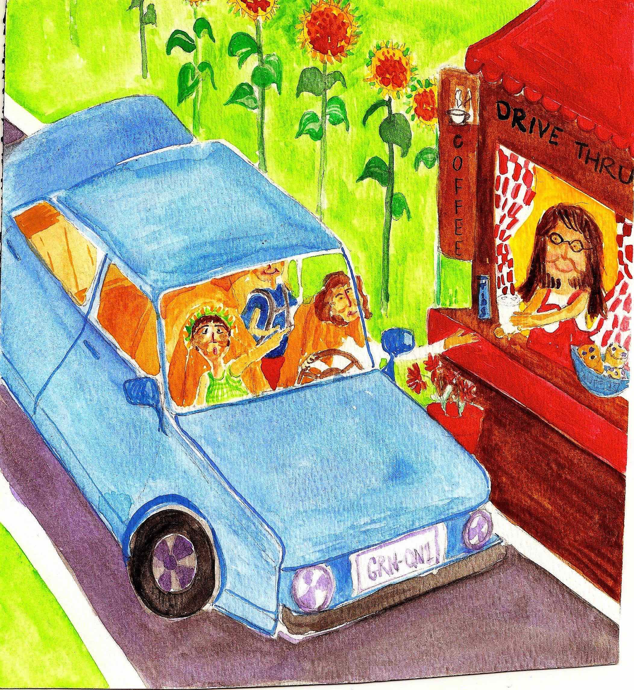 Green Queen at the coffee drive thru